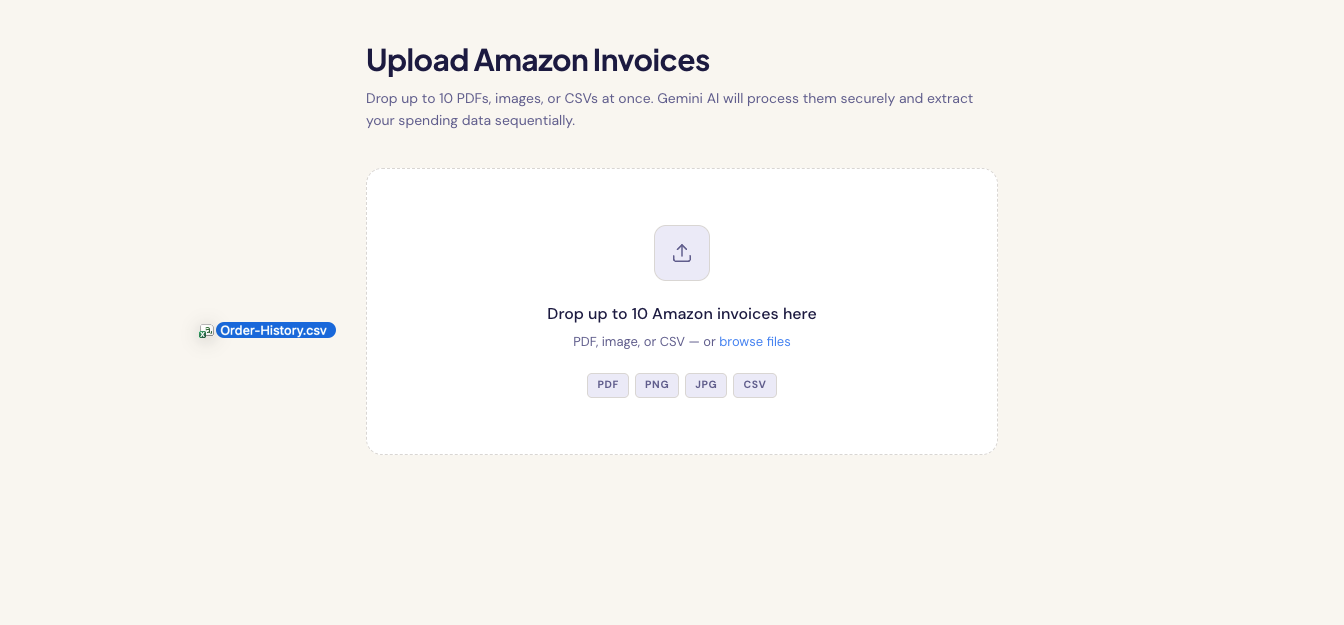 AmazaSpend CSV upload screen with an Amazon order history file being dragged in